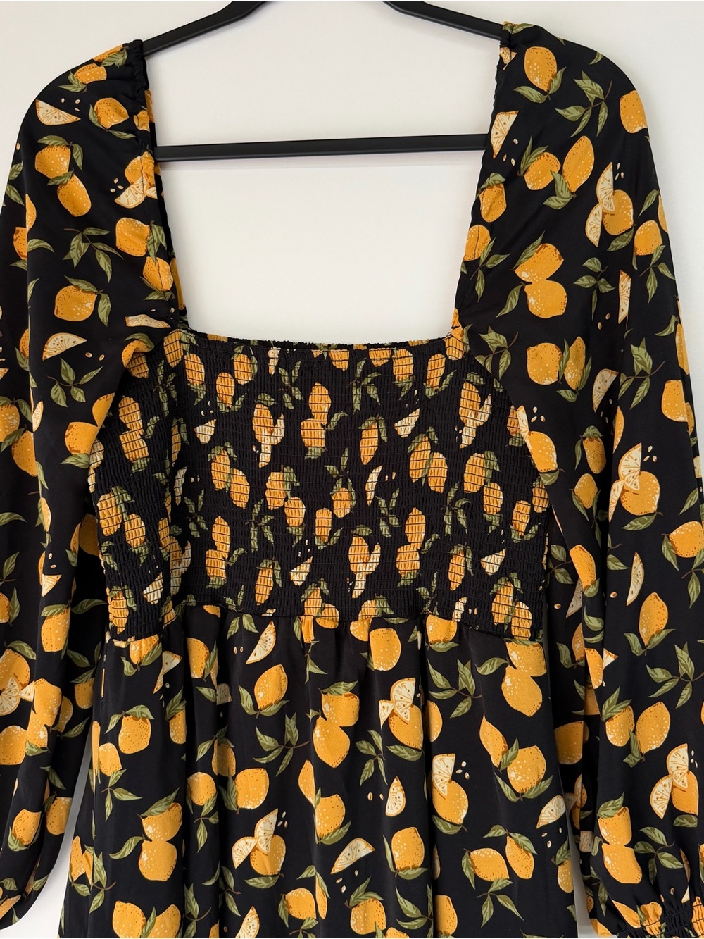 O.P.T Women's Classic Smocked Black & Yellow Lemon Print Square Neck Midi Dress - Picture 4 of 6